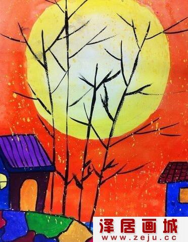 乡村风景儿童水粉画