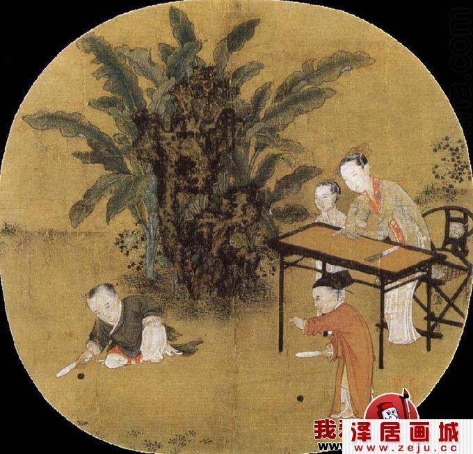 宋代人物工笔情景画《蕉荫击球图》