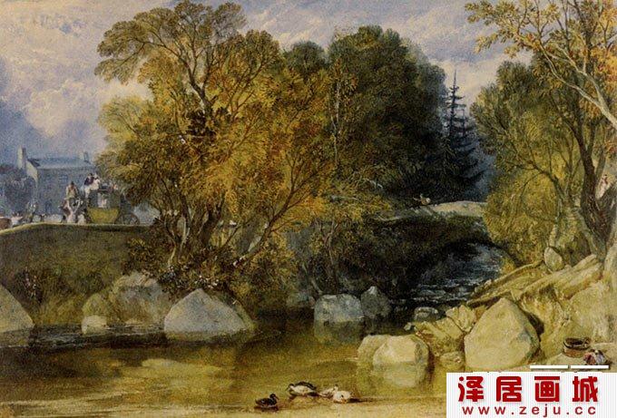 英国画家特纳《大树 石桥 溪流》水彩画作品