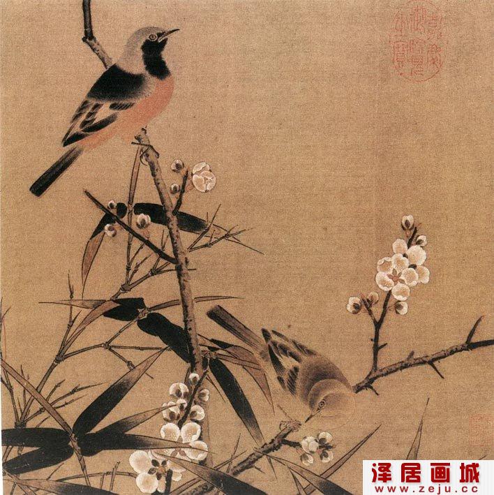 《梅竹双雀图》宋代名画，院体派工笔花鸟画