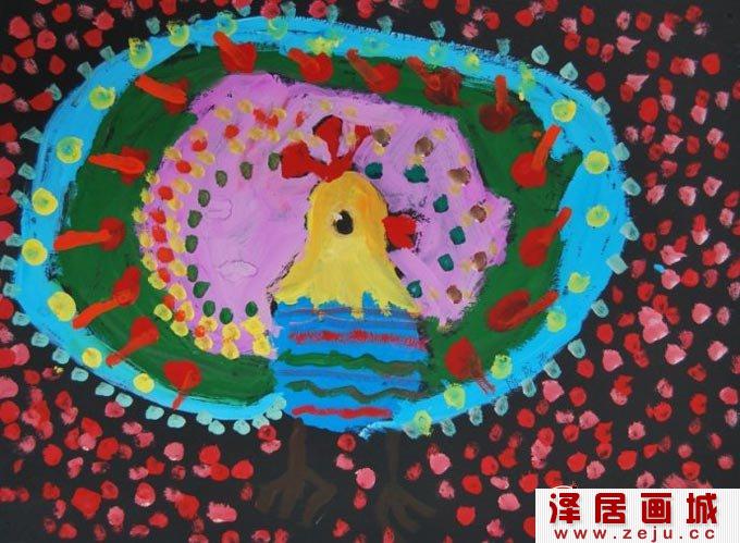 孔雀水粉儿童画，美丽的孔雀开屏儿童水粉画02