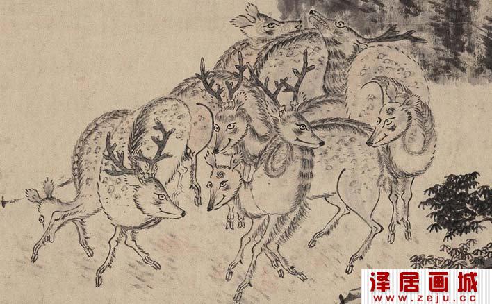 【八大山人《群鹿图》梅花鹿配水墨山水画局部高清大图