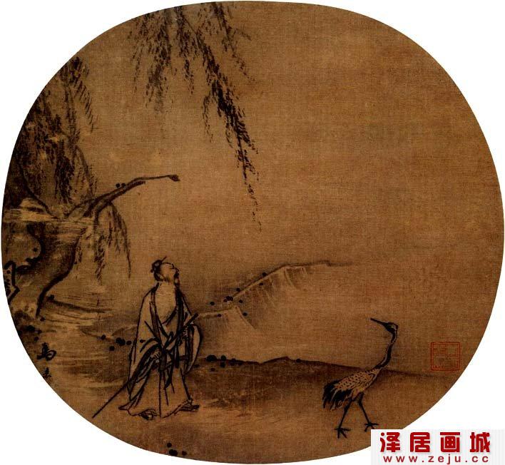 马远《高士携鹤图》_团扇边角山水人物水墨画名画赏析