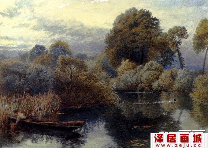 水彩画名作欣赏：芦苇塘中的渔夫-伐斯特