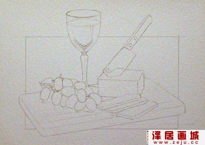 静物水彩画教程:红酒,葡萄,刀,面包,菜板水彩绘画步骤01