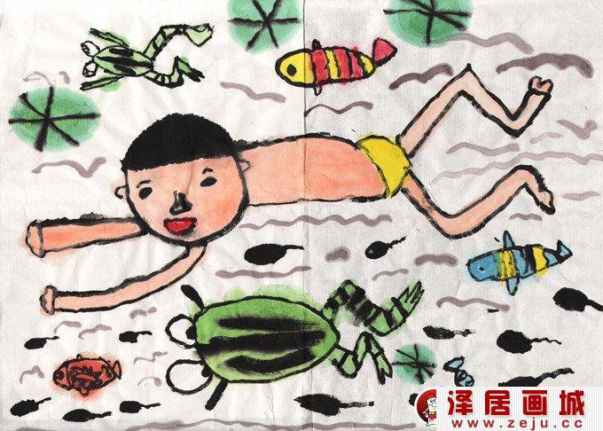水墨彩墨画:我和青蛙学游泳--金鹰杯儿童画大赛参赛作品