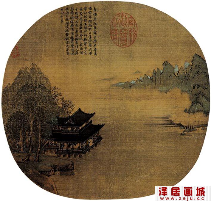 宋代《玉楼春思图》_描绘春季楼阁山水的团扇小幅山水名画