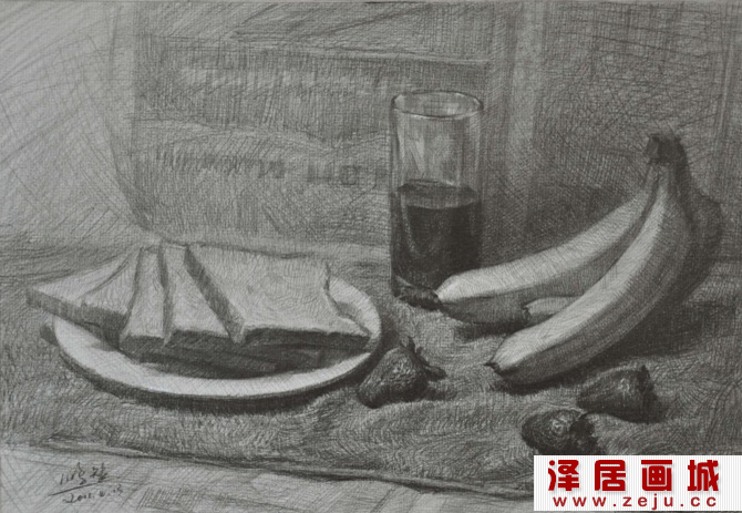 香蕉面包草莓静物组合素描教程步骤