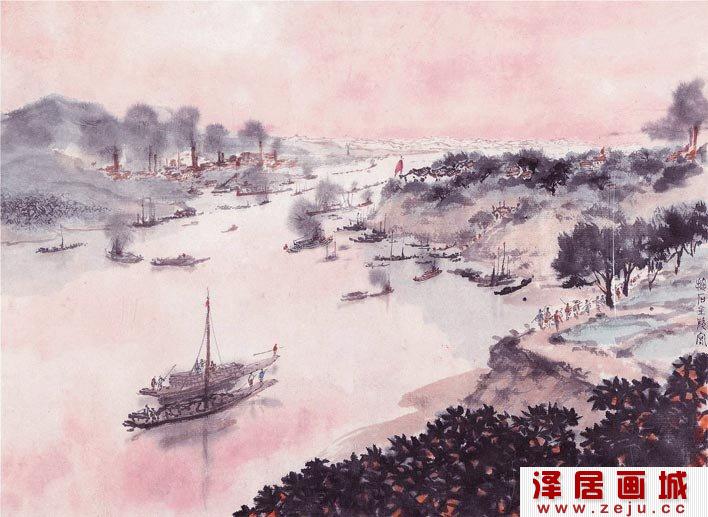 傅抱石《芙蓉国里尽朝晖》_朝霞漫天的毛泽东诗意山水画高清大图