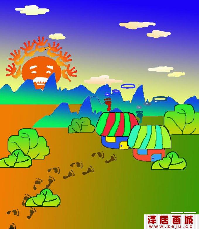 草原房子和太阳的儿童画图片欣赏