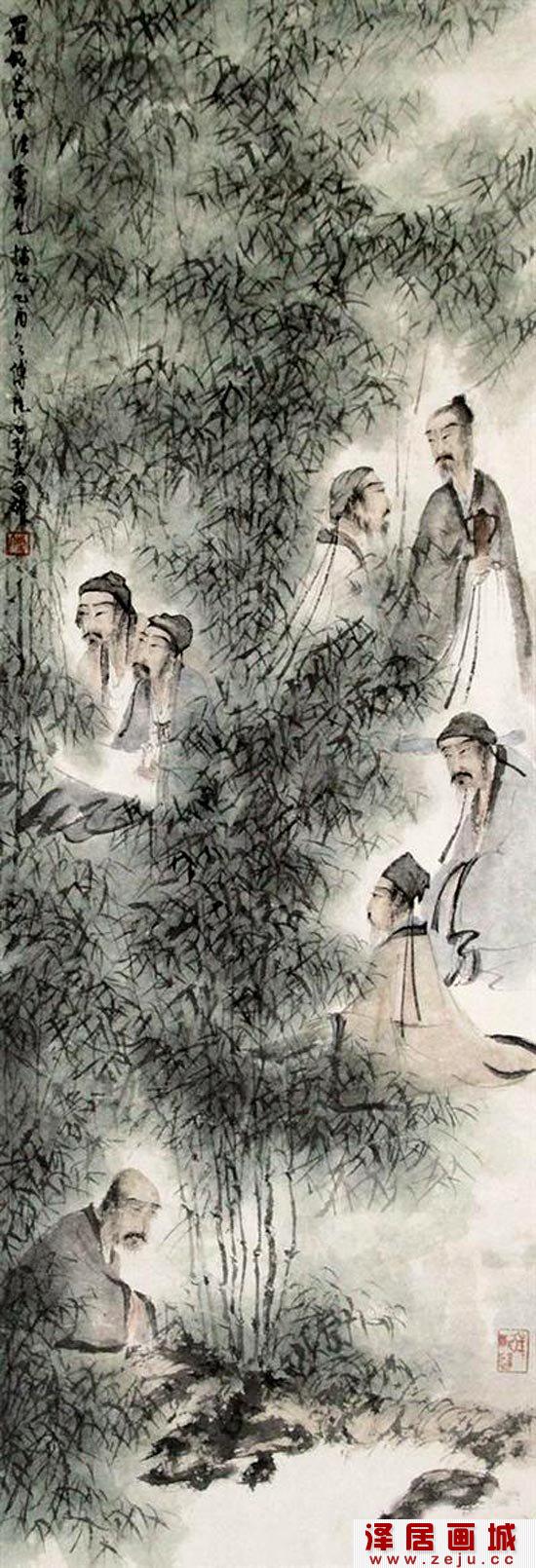 傅抱石《竹林七贤图》轴_1945年所绘七贤图水墨国画人物高清大图