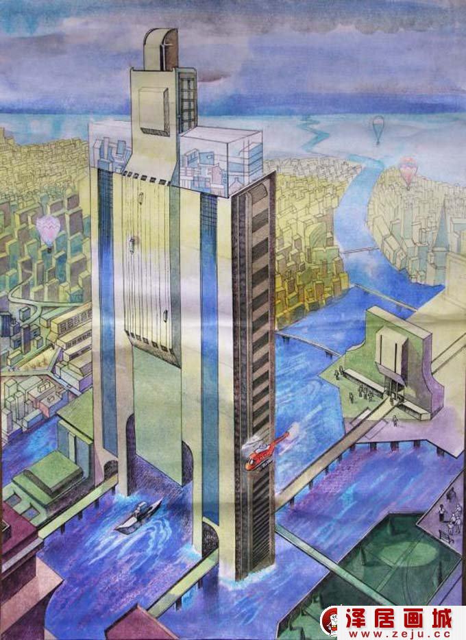 初中科幻画获奖作品_梦想中的未来水上城市(未来世界科幻画)
