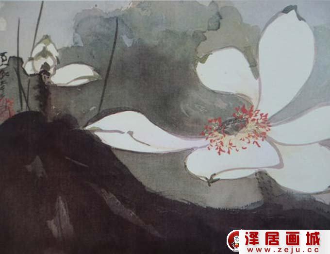 张大千花鸟泼墨画作品欣赏：《白莲》