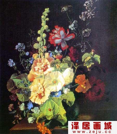 静物油画：花瓶中的蜀葵
