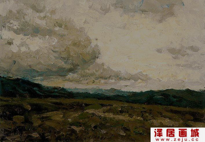 靳尚谊《傍晚的云》_描绘傍晚的草原及天空云彩的油画风景画