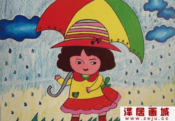 水彩画：雨中的小女孩