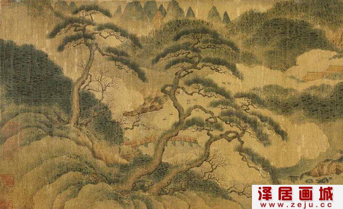 赵伯骕《万松金阙图》宋代青绿山水画局部一