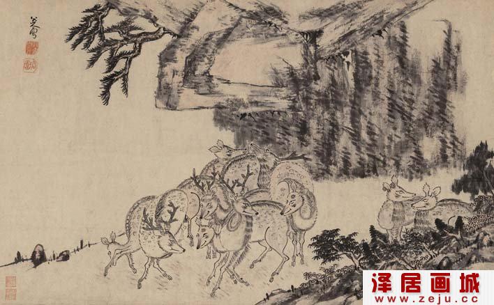 八大山人《群鹿图》_朱耷梅花鹿配水墨山水画作品赏析