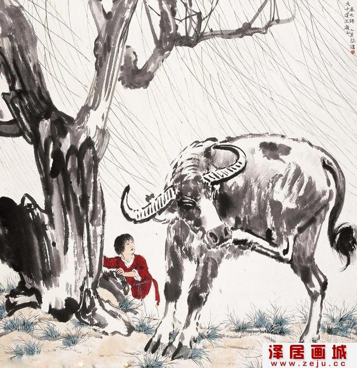 徐悲鸿《春之歌》_描绘杨柳牧童和牛的水墨写意画