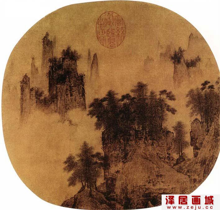 宋代《奇峰万木图》_院体山水画扇面高清大图赏析