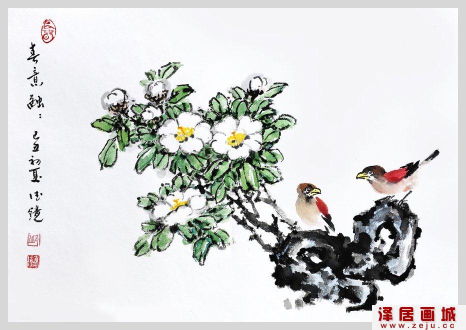 邱德镜花鸟画：雀上枝头
