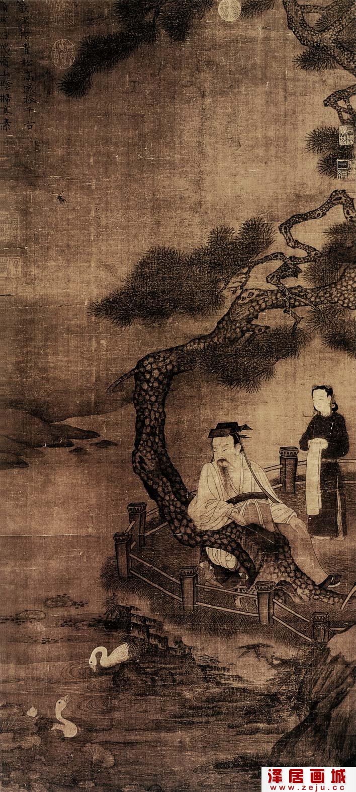 马远《王羲之玩鹅图》工笔人物情景画