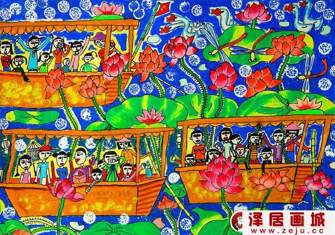 中学生绘画获奖作品欣赏：坐船在荷花的世界中畅游