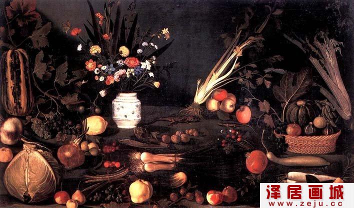 卡拉瓦乔《有花和水果的静物》_现实主义油画静物作品