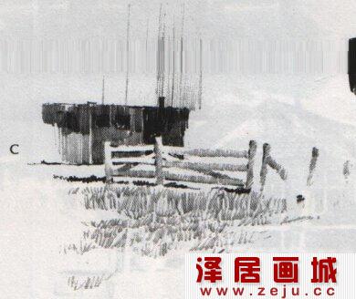 素描风景画篱笆房子