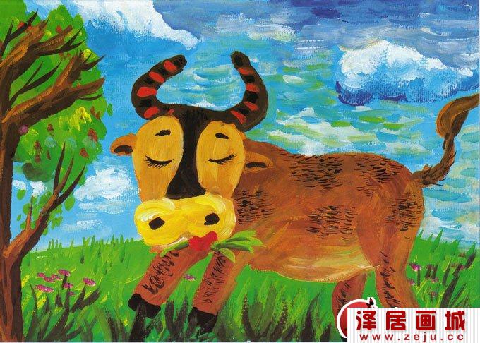 黄牛吃草儿童水粉画作画图文步骤二