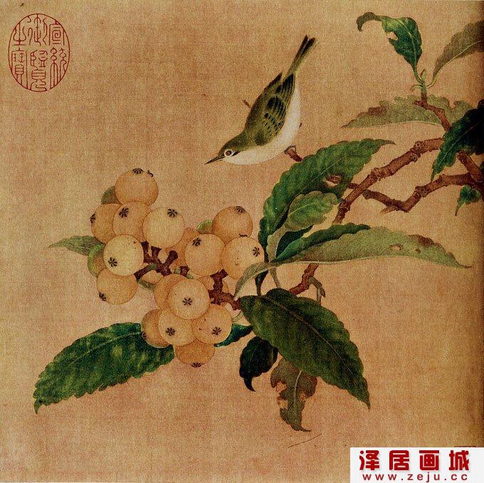 林椿《枇杷山鸟图》_折枝画法工笔花鸟画古画赏析