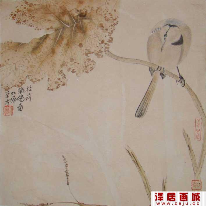 《枯荷鹡鸰图》_鹡鸰站在枯萎的荷叶上的宋代工笔花鸟画