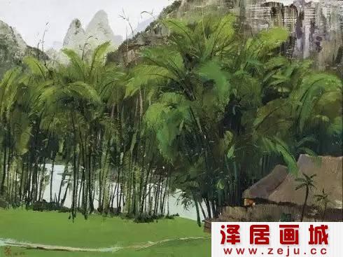 吴冠中油画作品：漓江竹林人家