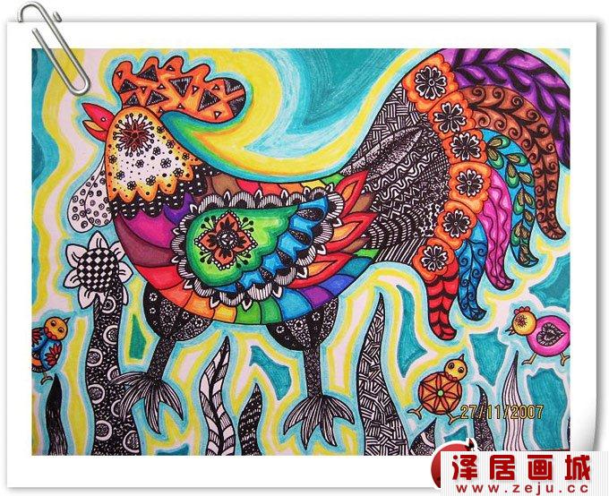 一副值得收藏的大公鸡线描彩色儿童画