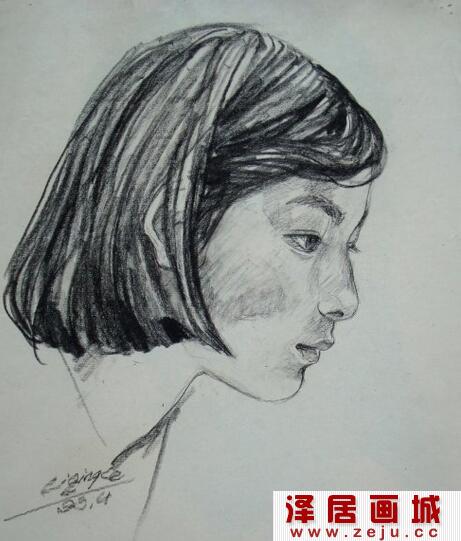 李青稞女性人物头像侧面素描