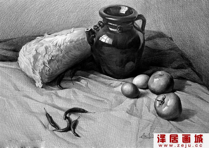 静物素描：白菜、陶罐、辣椒、鸡蛋、番茄组合