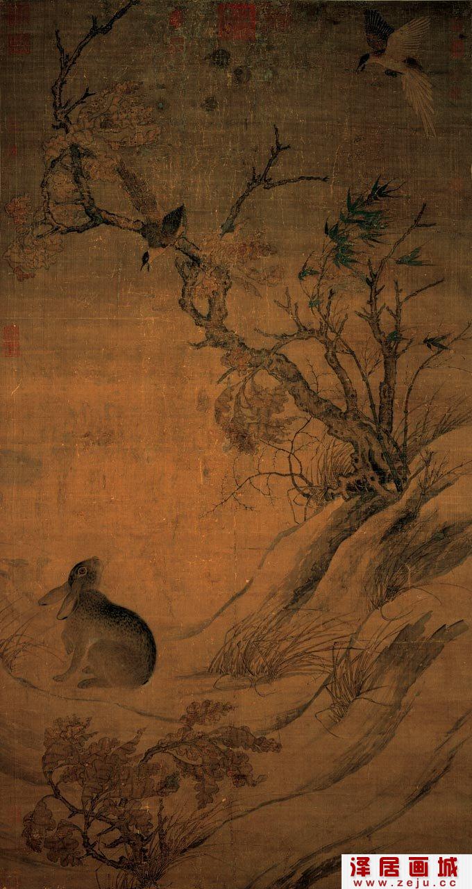崔白双喜图_传世工笔写实花鸟名画《禽兔图》完整大图
