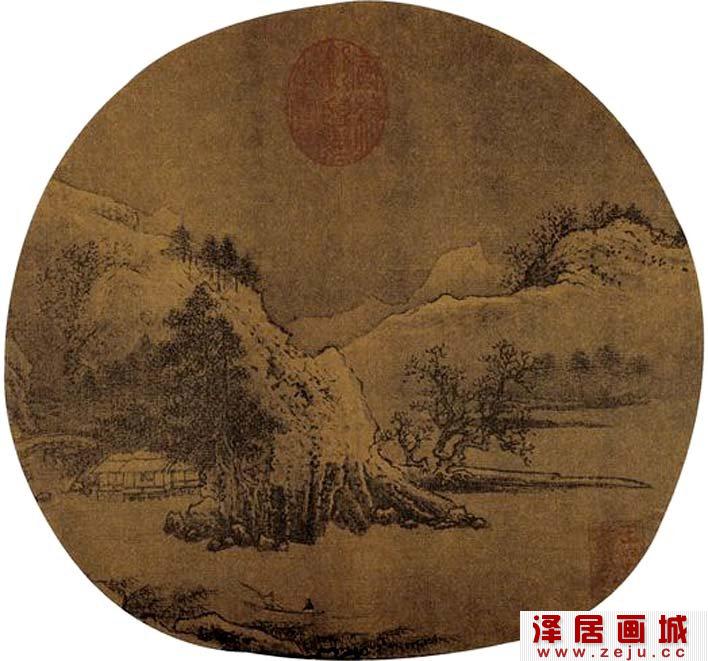 宋代《雪溪乘兴图》_描绘雪景之中乘船游历江河之间的山水扇面画