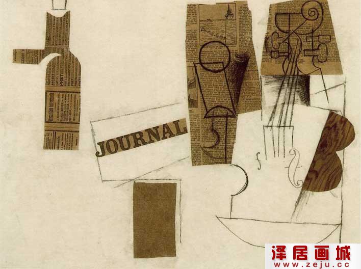 毕加索《瓶子、玻璃杯和小提琴》静物组合炭笔色粉画