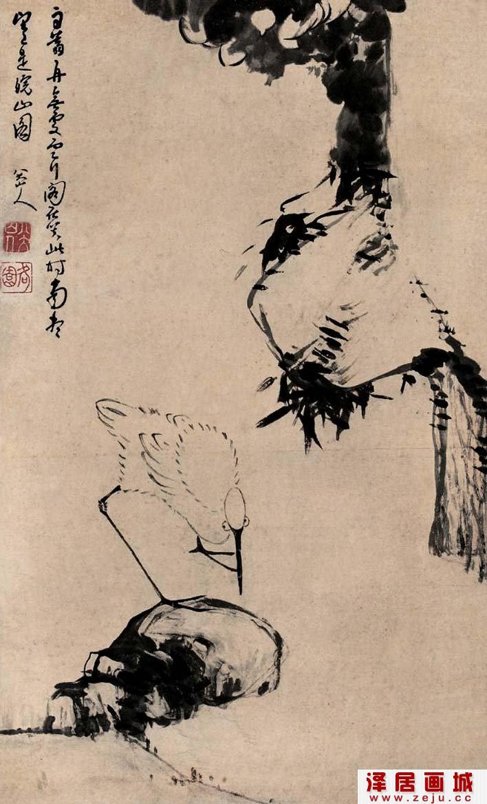 八大山人《鹭石图》_朱耷晚期水墨写意花鸟画代表作品