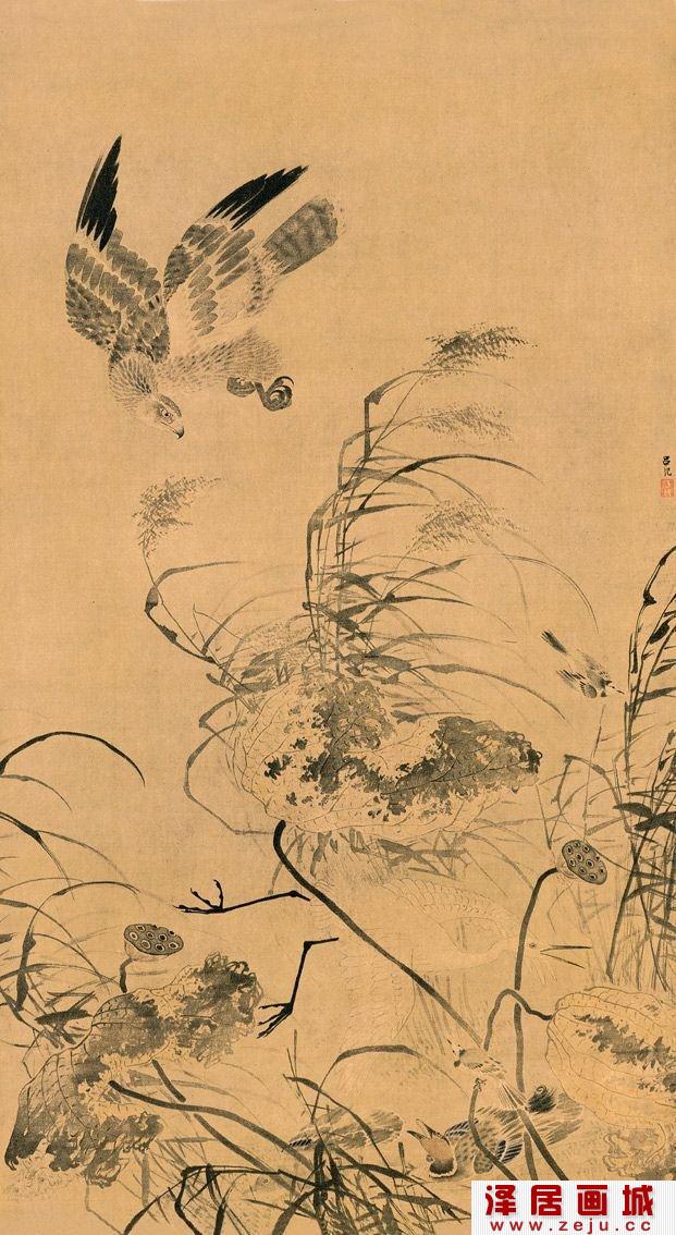 吕纪花鸟画：残荷鹰鹭图