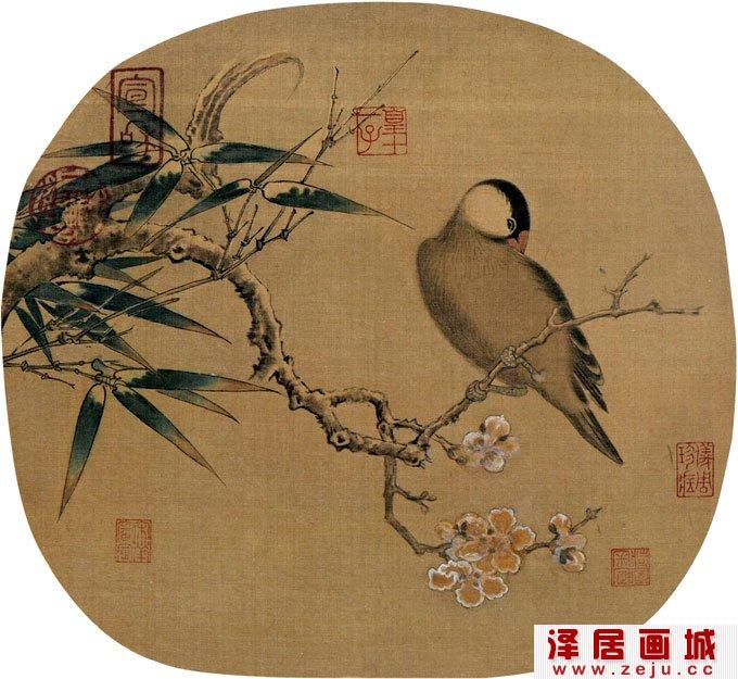 林椿《梅竹寒禽图》表现寒莺,梅花,竹子的工笔花鸟画