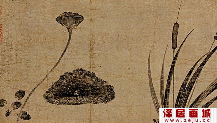 宋徽宗赵佶《池塘晚秋图》水墨花鸟画局部高清大图二