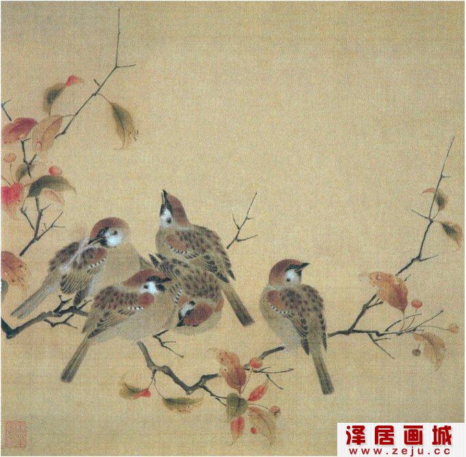 宋代《瓦雀栖枝图》麻雀海棠的写实工笔花鸟画
