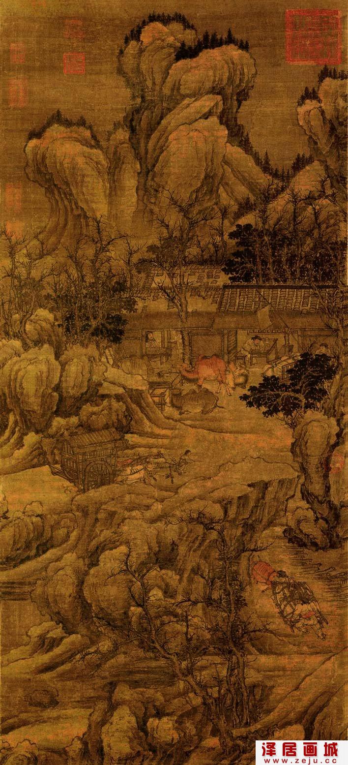 宋代《盘车图》_描绘人物牲畜车辆行驶于山路间的山水人物画