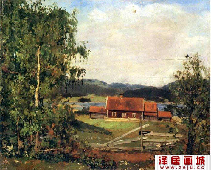 蒙克《奥斯陆郊区的风景》_描绘挪威奥斯陆郊区风格的风景油画
