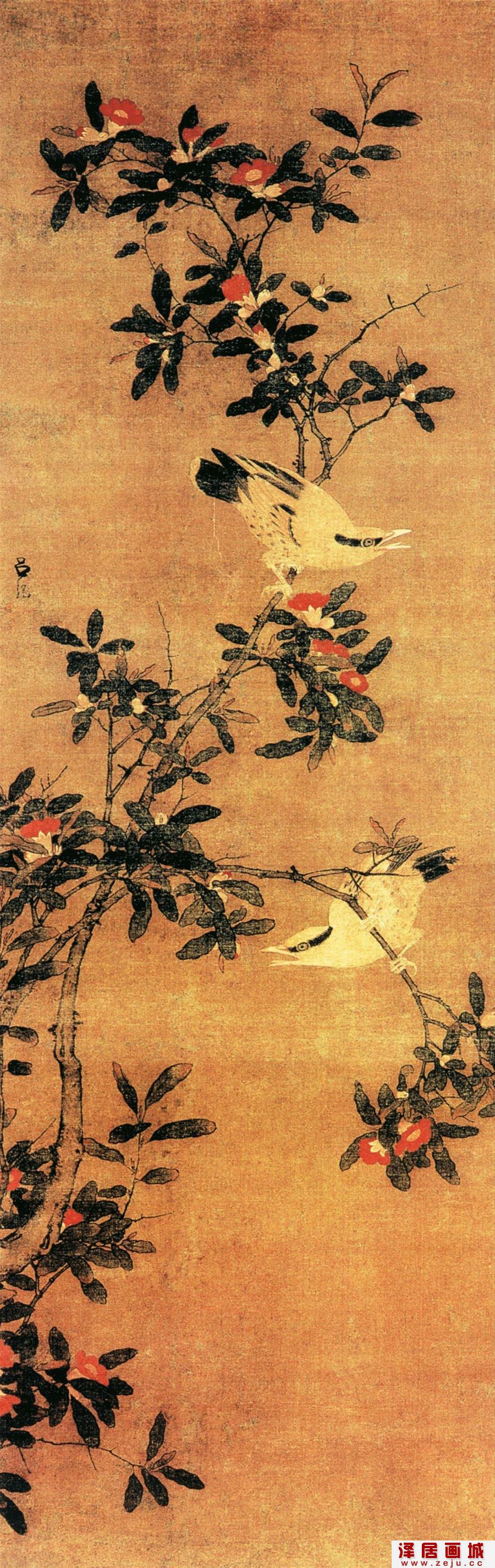 吕纪花鸟画：榴花双莺图