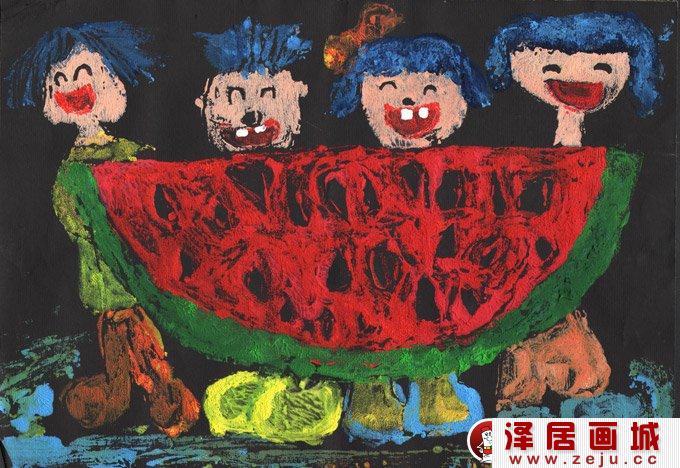 水粉人物画：吃西瓜--金鹰杯儿童画大赛参赛作品