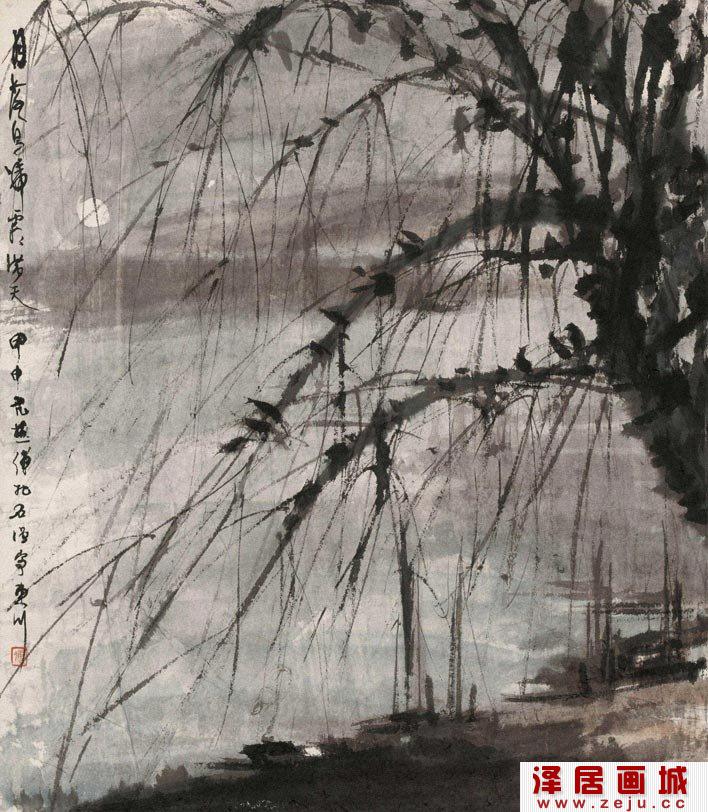 傅抱石《月落乌啼霜满天水墨写意风景画赏析