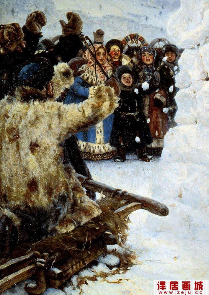 苏里科夫风俗油画《攻克雪城》局部高清大图一
